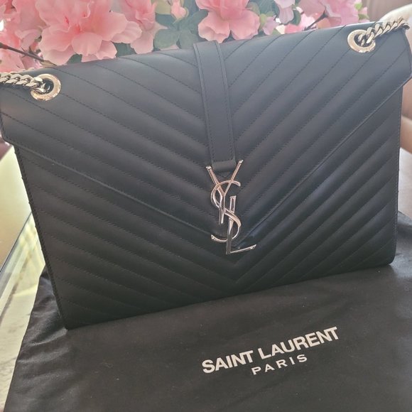 Authentic YSL Large Envelope Flap Silver Chain Handbag - Picture 2 of 8